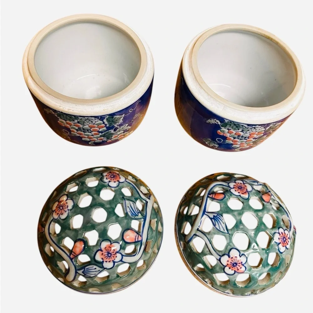 Vintage 2 Porcelain Chinoiserie Flower Frog Vase. Hand-painted Floral Greenery